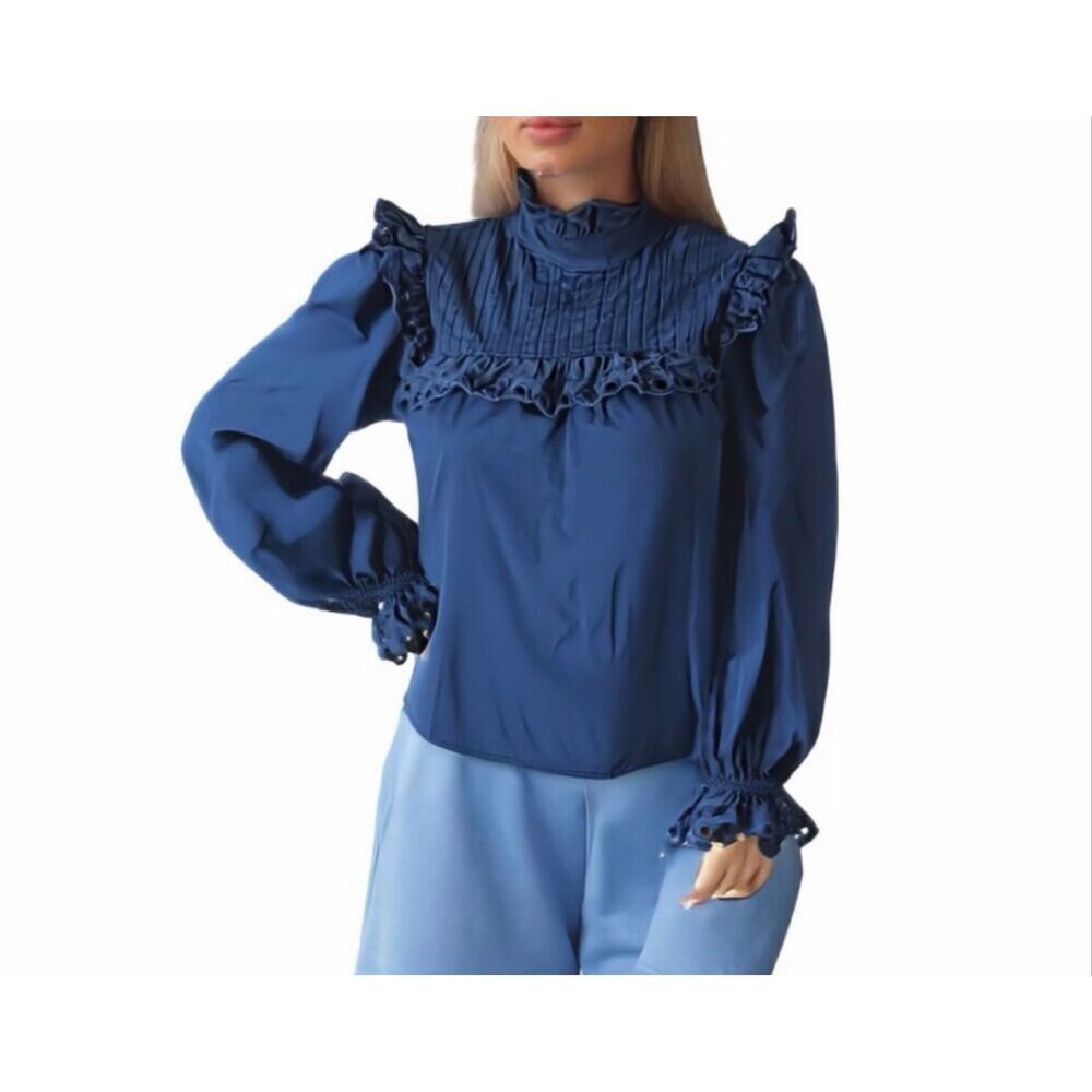 Stellah Eyelet Trim Mock Neck Cotton Long Sleeve Blouse Navy Blue XS NEW